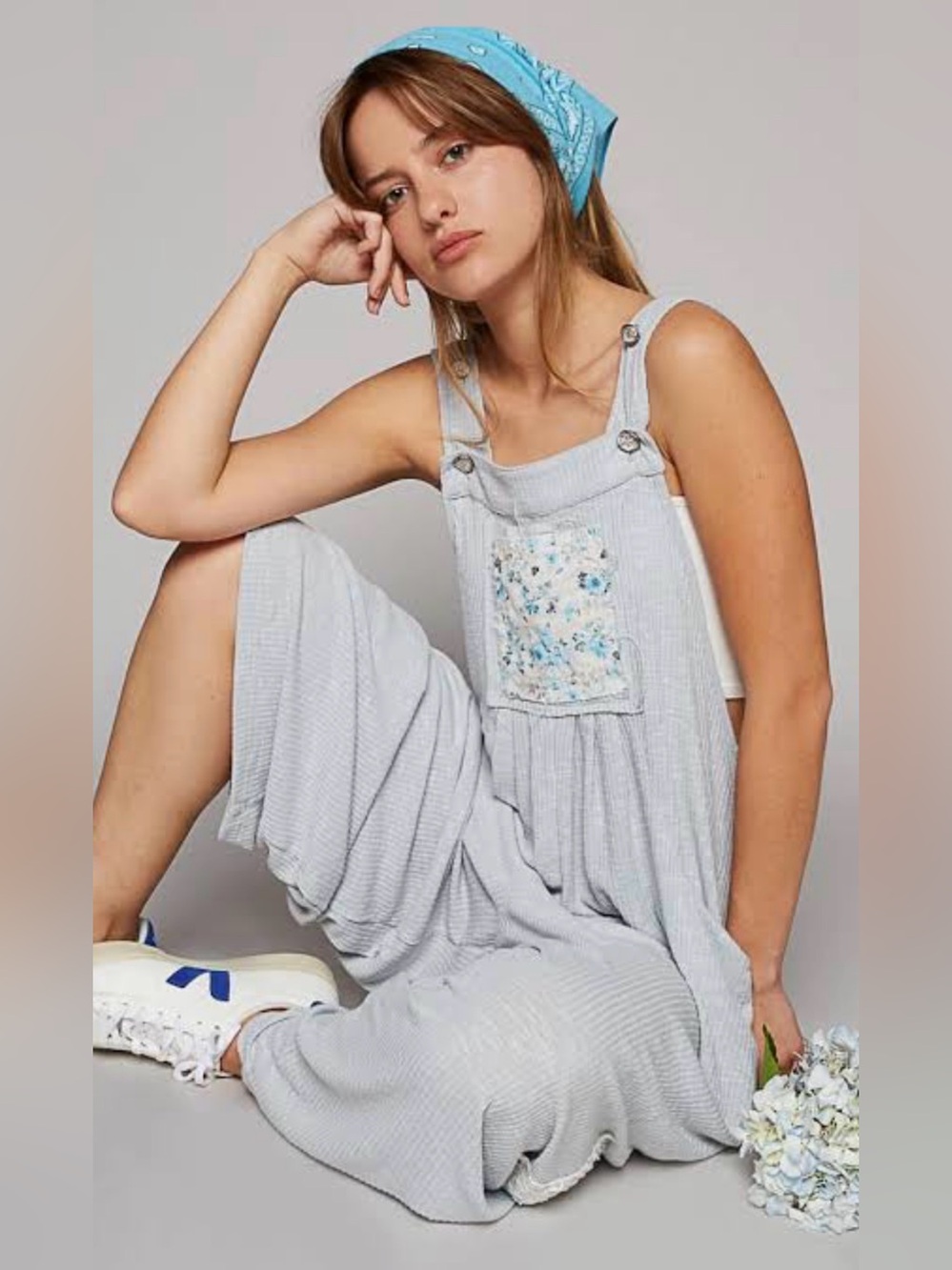 NWT POL Sky Bloom Boho Mixed Patchwork Waffle Knit Wide Leg Overalls - S
